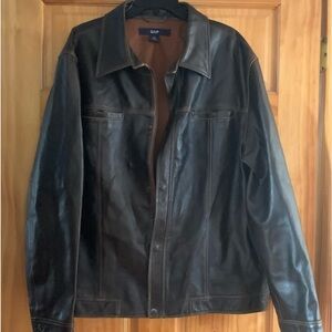 FREE SHIPPING GAP dark brown almost  Black Leather Jacket, real larger XL